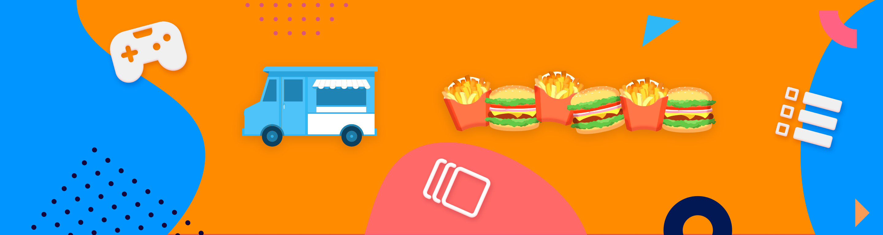 Blue food truck with burgers and fries in the center, MobLab Module, Survey, and Game icons around