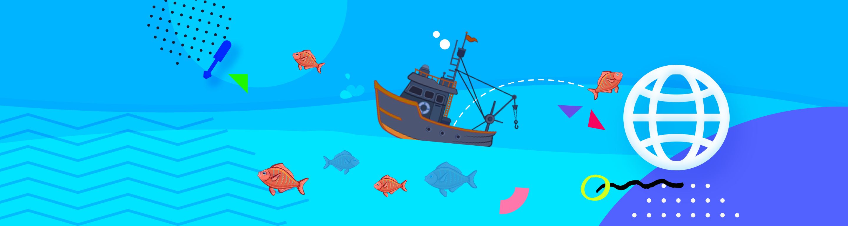 Boat on ocean catching fish next to MobLab Online Assignment globe icon