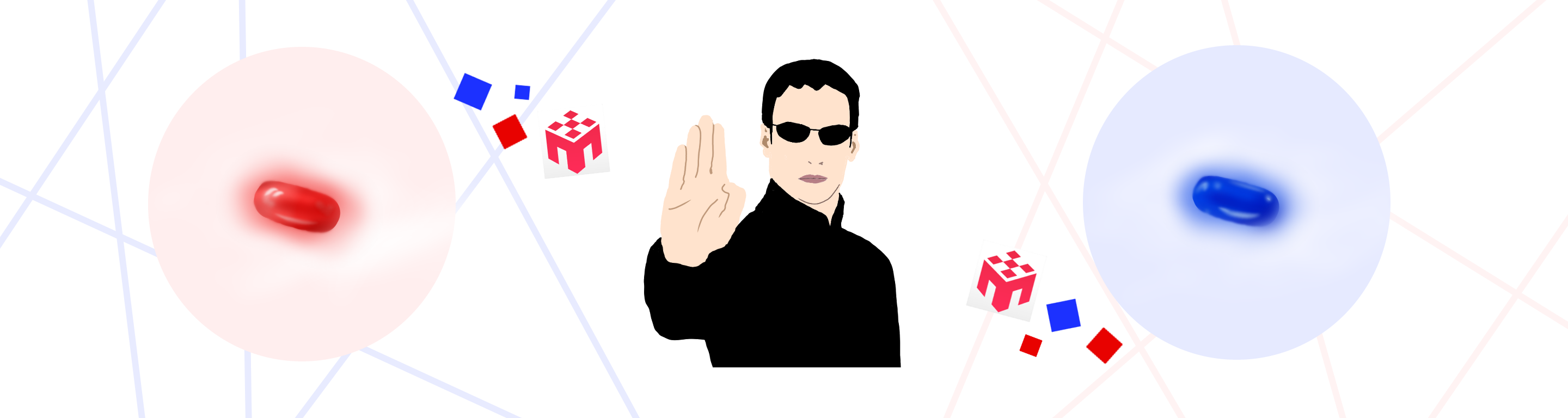 Illustration of a man with his palm up, red pill on the left and blue pill on the right