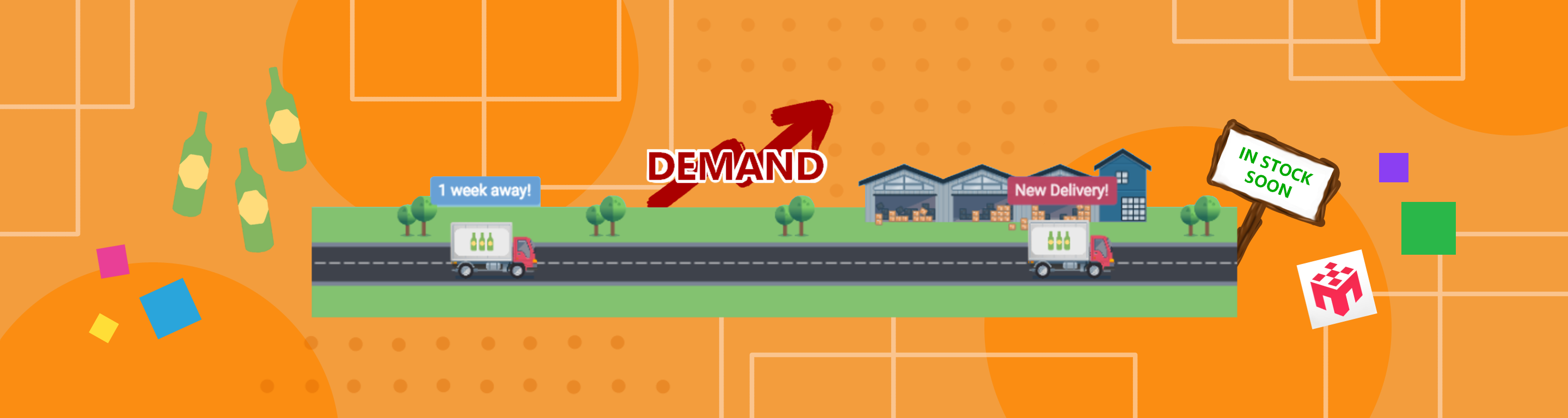 trucks making deliveries of beer to warehouses, demand curve shooting up, orange background